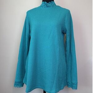 LOGO Lori Goldstein Sweater Womens Small Lace Waffle Tunic Pullover Top‎ Pockets